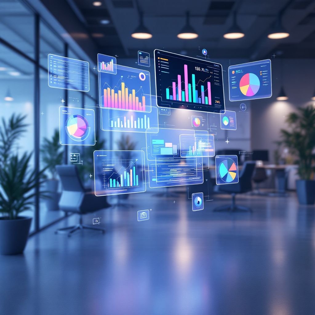Escritório moderno com painéis de inteligência de dados e análise de mercado