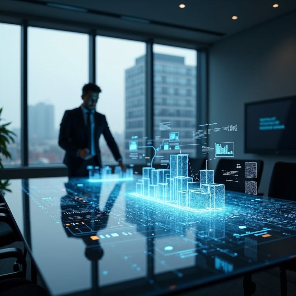Executivo em sala de reunião analisando projeções holográficas de dados sobre a mesa